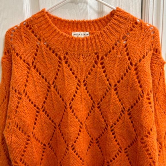 Moon River Anthropologie Orange Cozy Chunky Open Knit Crewneck Sweater Small - Picture 2 of 9